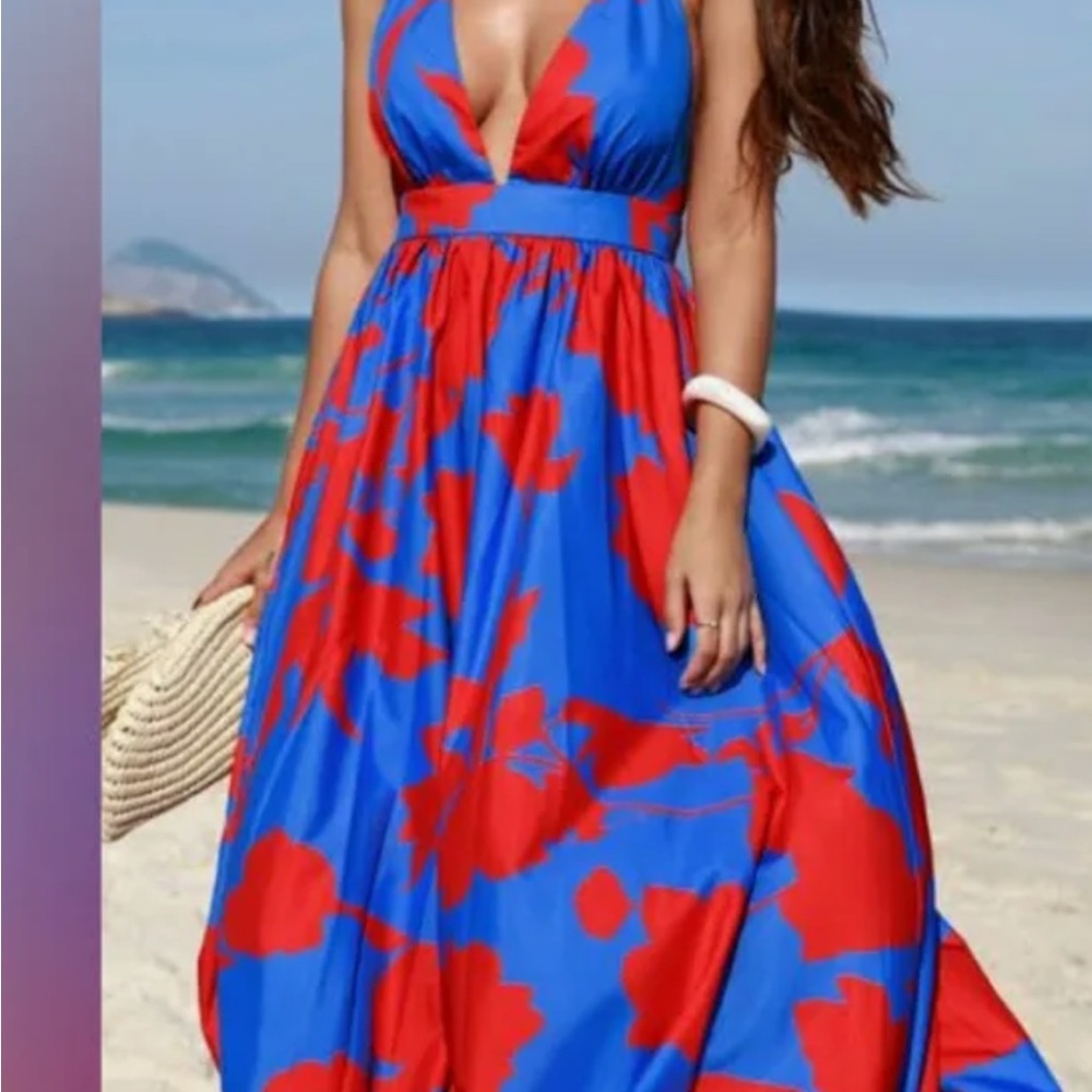 Blue & Red Printed Halter Maxi Dress~ size medium